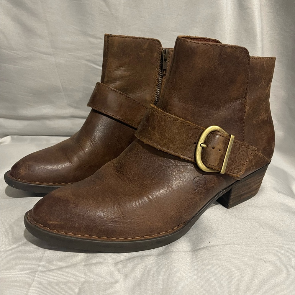 Born Leather Brown Ankle Boots with Buckle